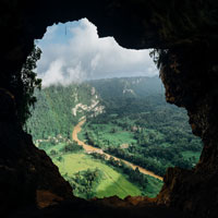 view from a high cave mouth of a lush green landscape bifurcated by a muddy river